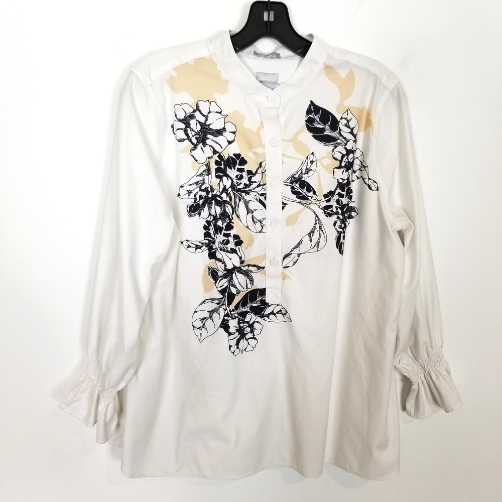 Chico's Women's No-Iron Stretch Floral Pullover Top Sz 10 White Button Neck